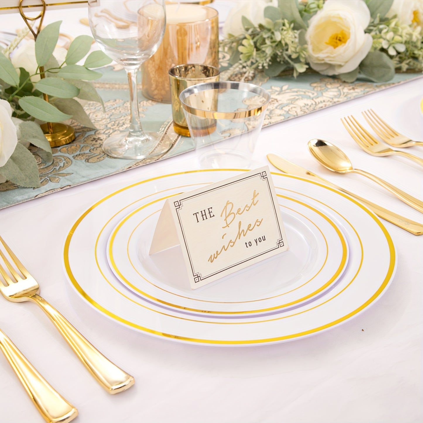 350pcs Golden Plastic Plates with Disposable Silverware and Cups Include:50 Dinner Plates 50 Dessert Plates 50 Golden Rim Cups 9 OZ 50 Golden Cutlery