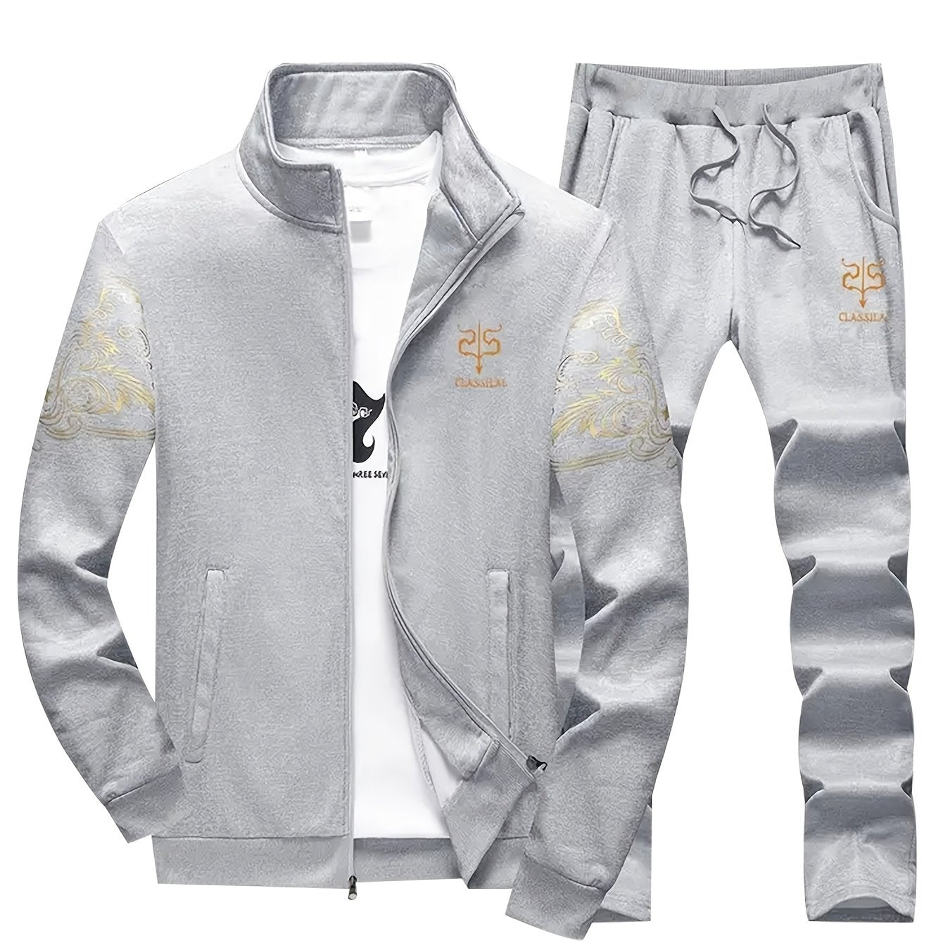 Men's Casual Sportswear Set - Knit Polyester, Machine Washable, Stand Collar Zip-Up Jacket & Drawstring Pants with Pockets