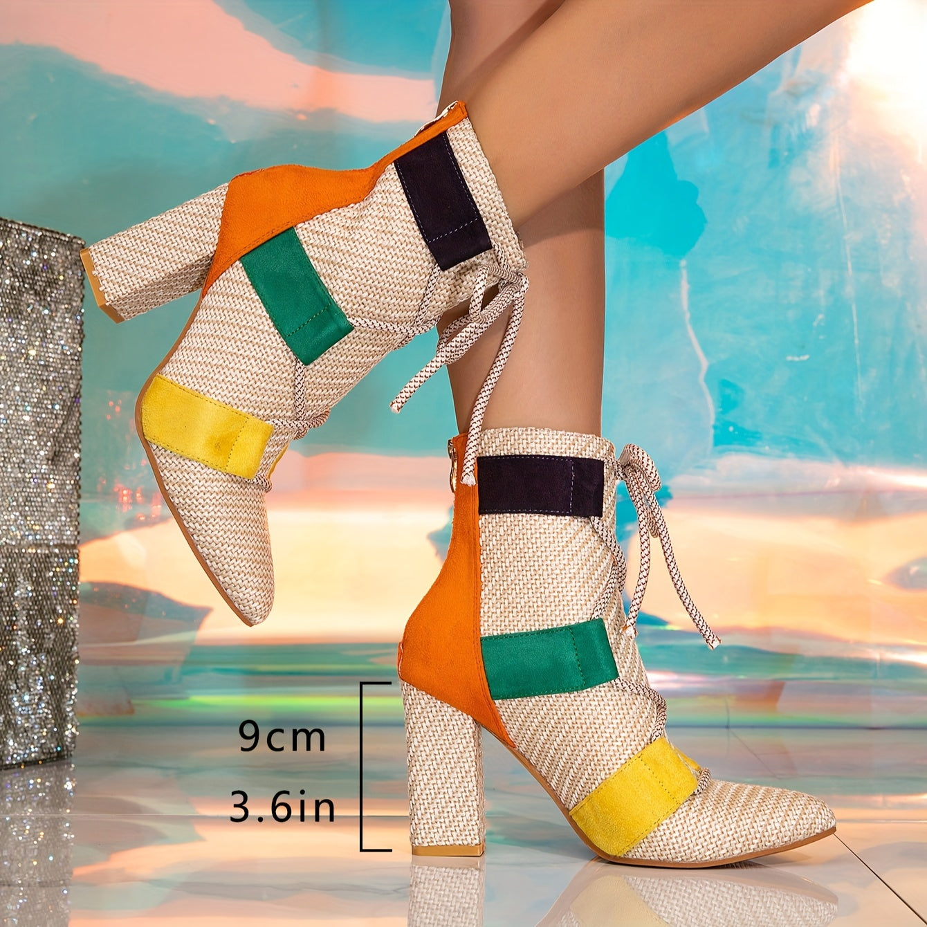 Multicolor Patchwork High-Heel Ankle Boots - Pointed Toe Elegant Fashionable Short Boots for Casual Wear