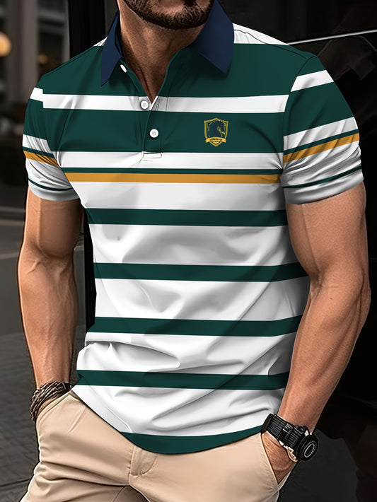 Men's Striped Golf Shirt, Casual Short Sleeve Lapel Shirt for Summer Outdoor