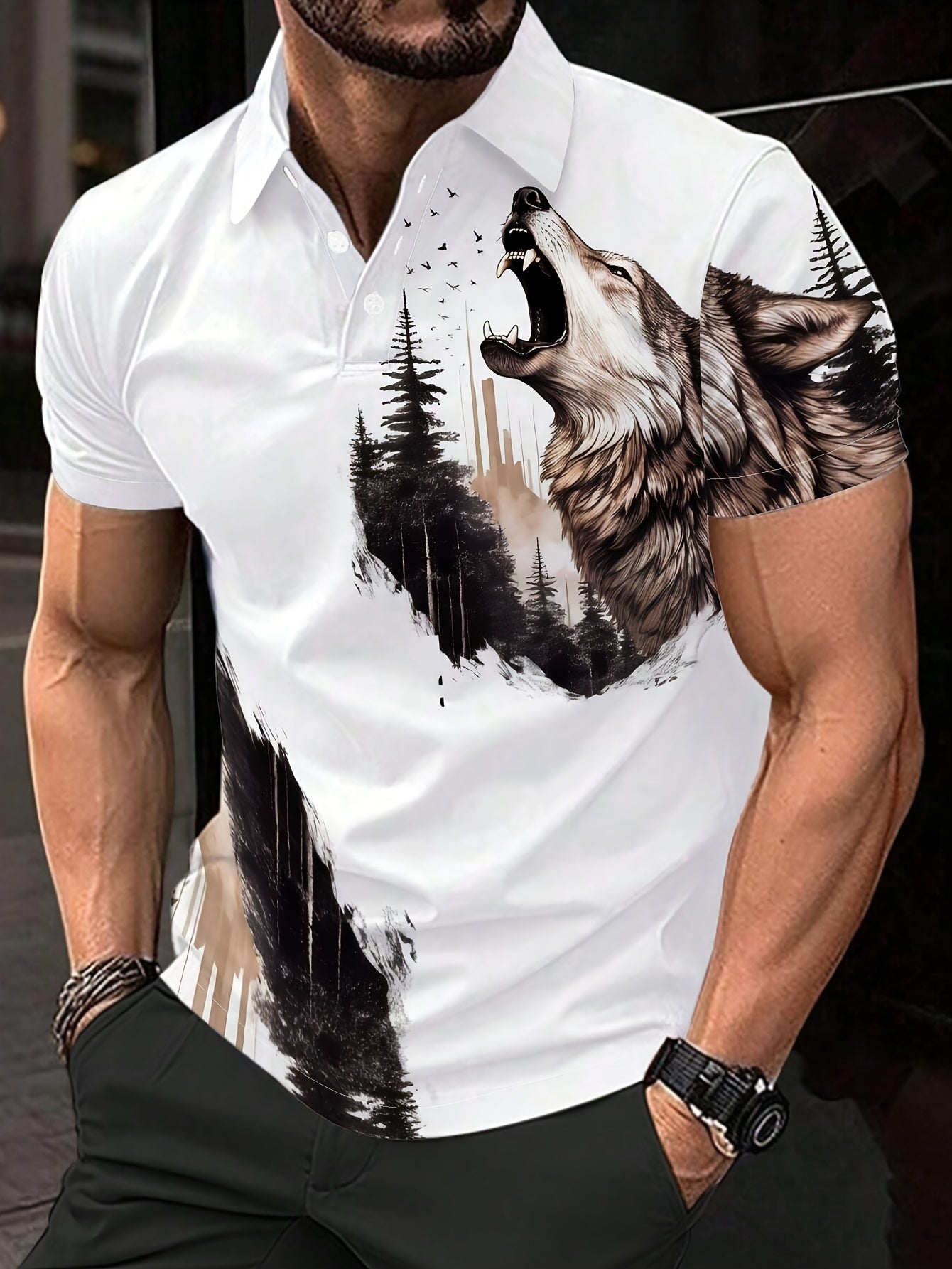 Men's Polyester Polo Shirt with Wolf and Forest Print - Casual Lapel Collar Sports Tee with Slight Stretch, Regular Fit Polo T-Shirt