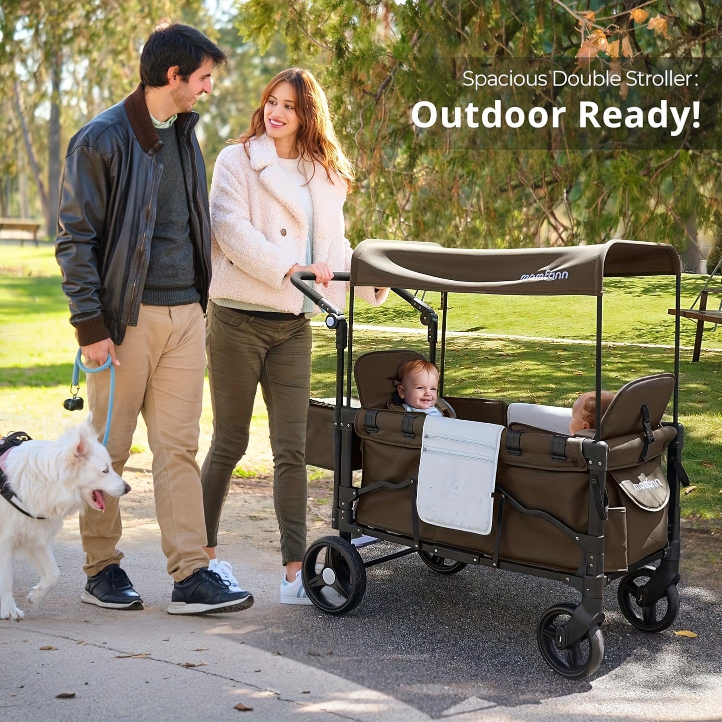 Stroller Wagon For Kids, Wagon 2 Seaters, Collapsible Wagon Parent Organizer, Adjustable Handle & Pull Bar For Infants And Toddlers, Brown