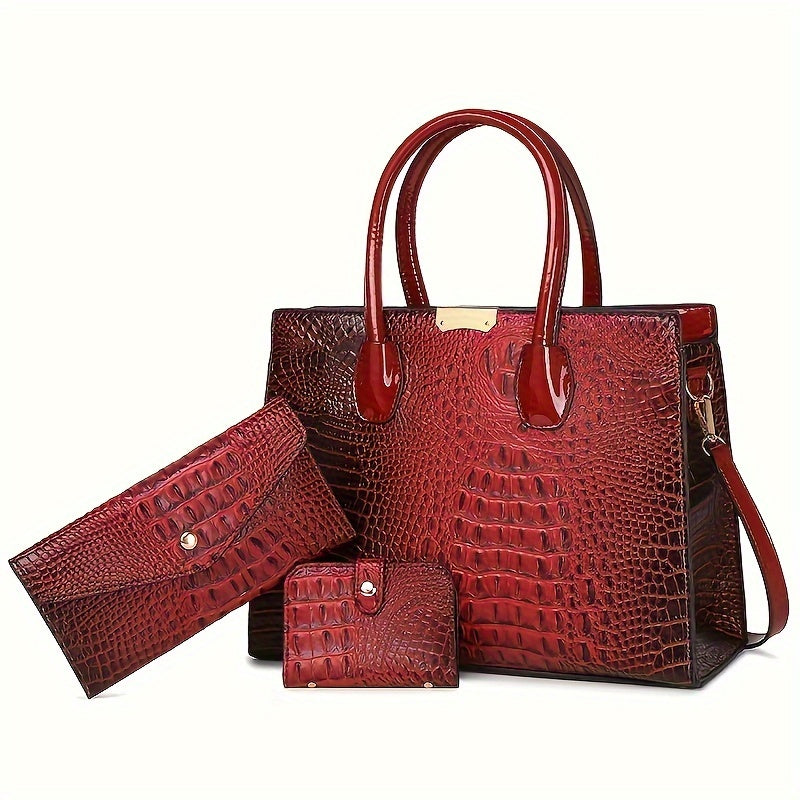 3pcs Stylish Tote Bag Set - Premium PU Leather Textured Shoulder Bags with Card Holder,