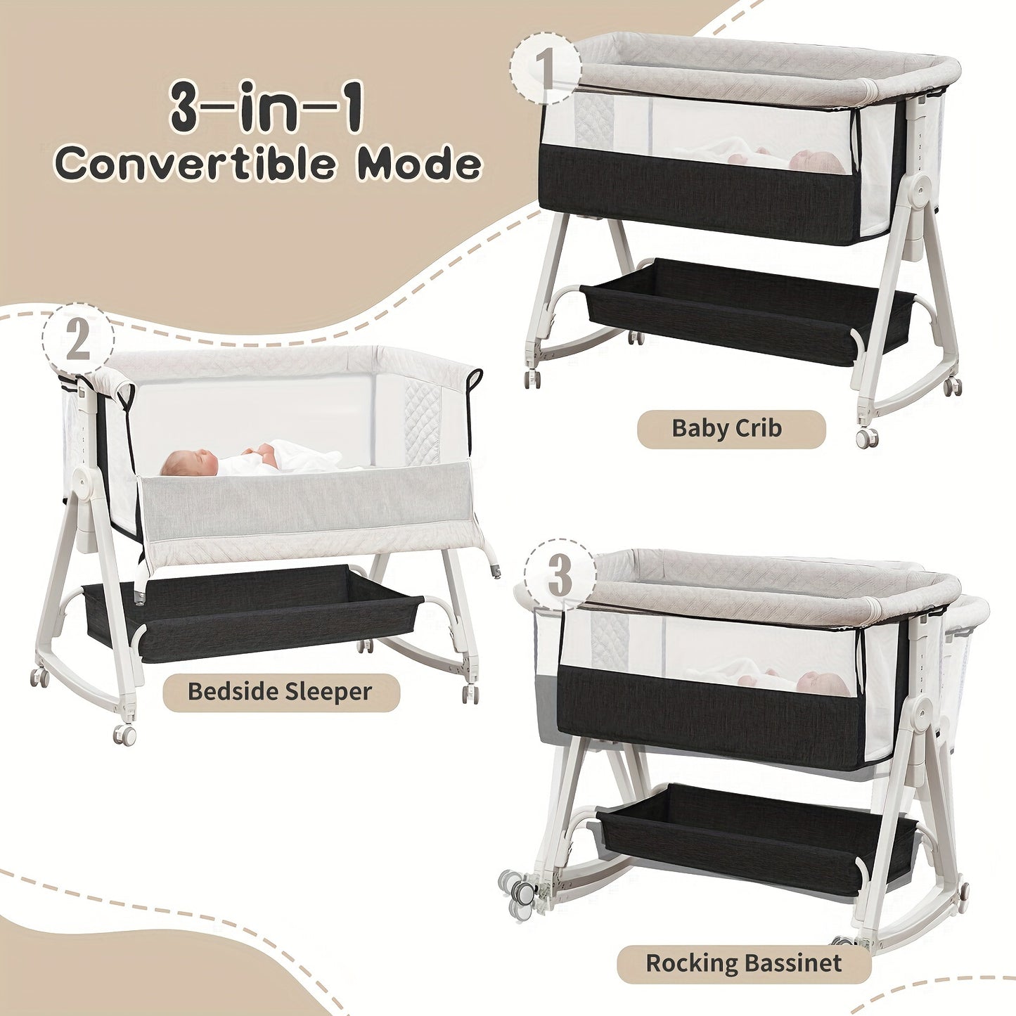 Baby Bassinet, 3-in-1 Baby Bassinet Bedside Bed With Mosquito Net, Full Mesh And Adjustable Height Headboard Crib For Newborns 0-6 Months
