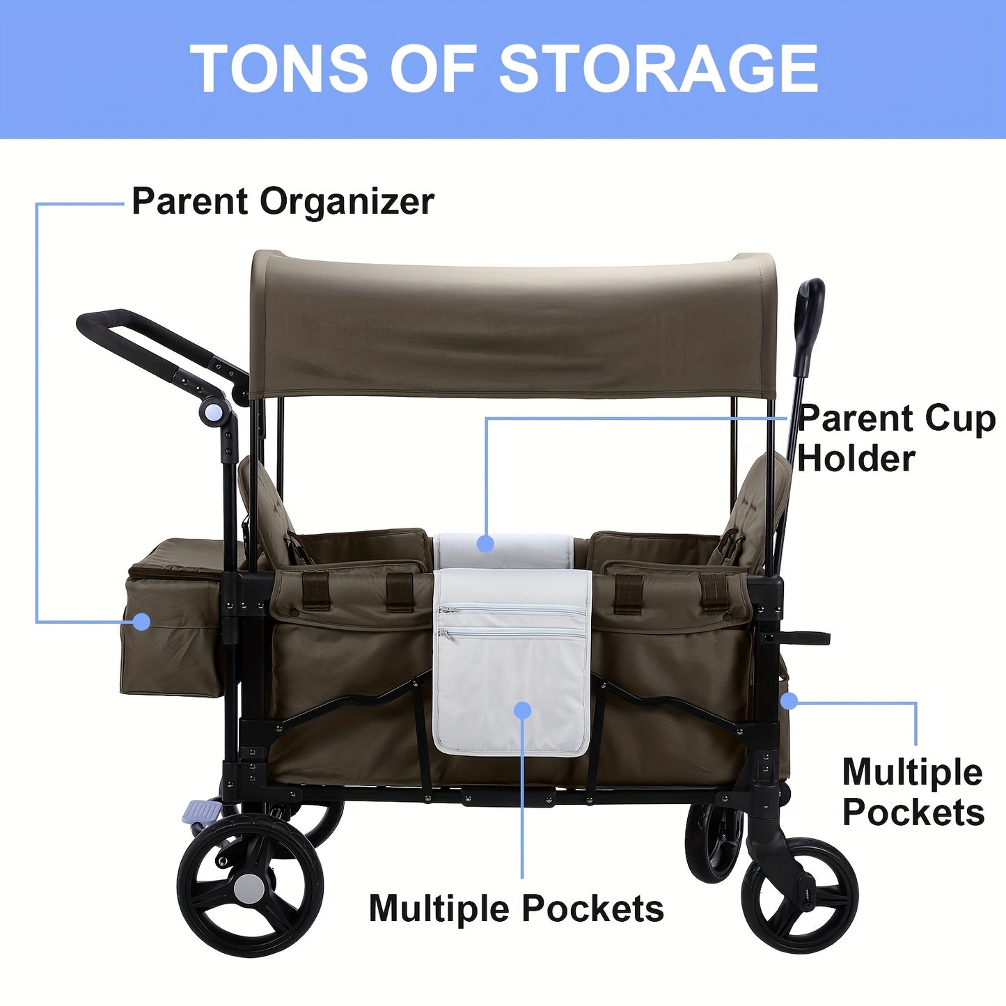 Stroller Wagon For Kids, Wagon 2 Seaters, Collapsible Wagon Parent Organizer, Adjustable Handle & Pull Bar For Infants And Toddlers, Brown