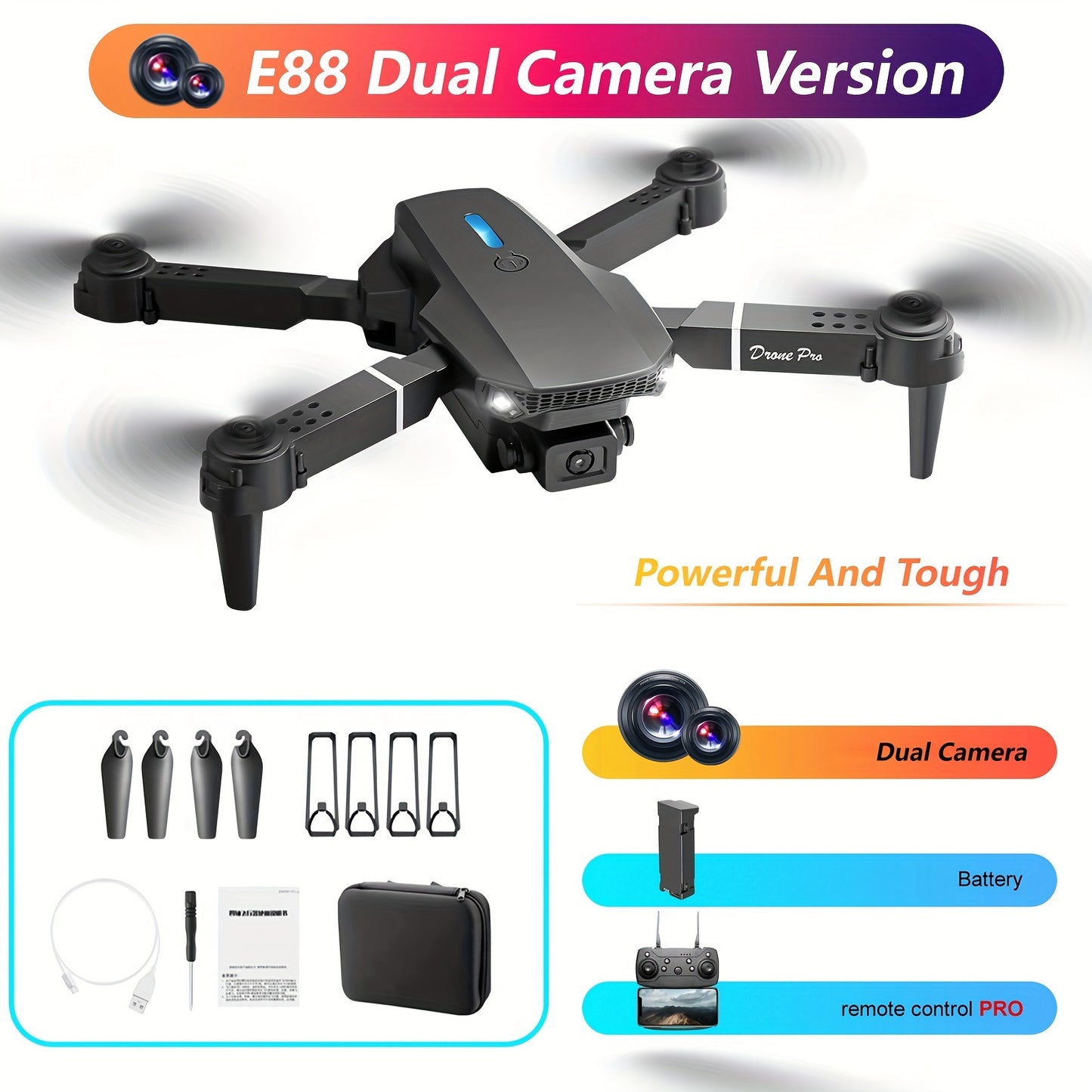 E88 Pro Dual Camera Drone - Easy One-Click Takeoff & Landing, Remote Control Quadcopter for Beginners and Enthusiasts, Ideal Gift