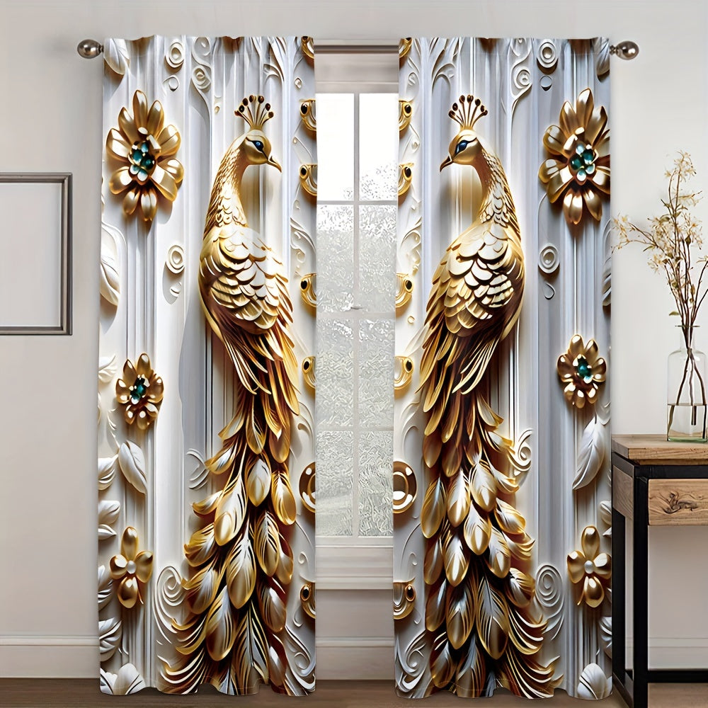 2pcs Set Golden Peacock & Floral Print Sheer Curtains - Lightweight Polyester for Living Room,