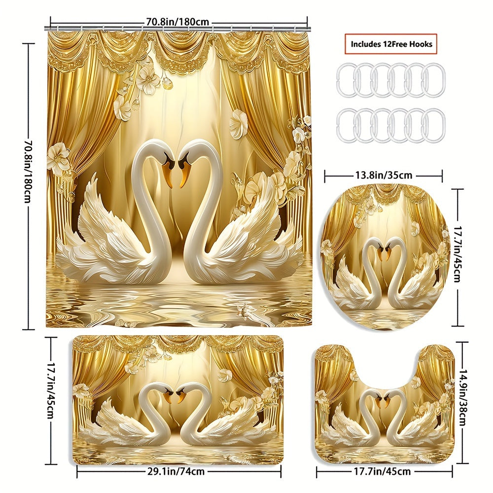 Luxurious Golden 3D Swans Print Bathroom Set: Includes 12 Free Hooks, Waterproof Curtain, Non-Slip Mat, Toilet Seat Cover, And Bath Rug - Perfect for Valentine'S Day Or Year-Round Romance