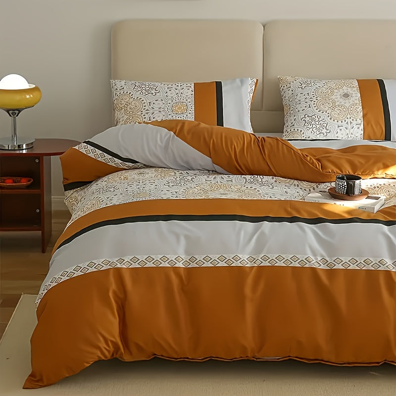 3pcs Soft & Cozy Duvet Cover Set - Orange & Gray Striped, Includes 1 Duvet Cover and 2 Pillowcases, Zip Closure, Machine Washable - Perfect for All Seasons