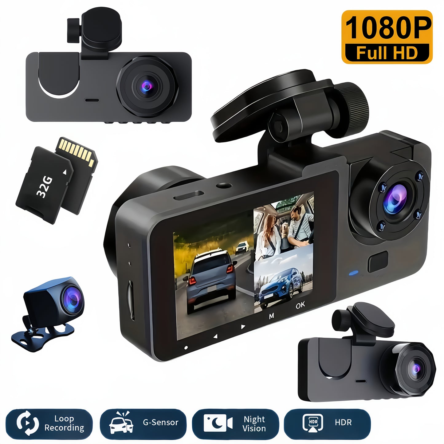 3-Channel Dash Cam, 1080P Full HD Car Camera Front Rear And Inside With Free 32GB SD Card, Dashcams For Cars With Night Vision, 24 Hours Parking Mode, WDR, G-Sensor, Motion Detection - Gift