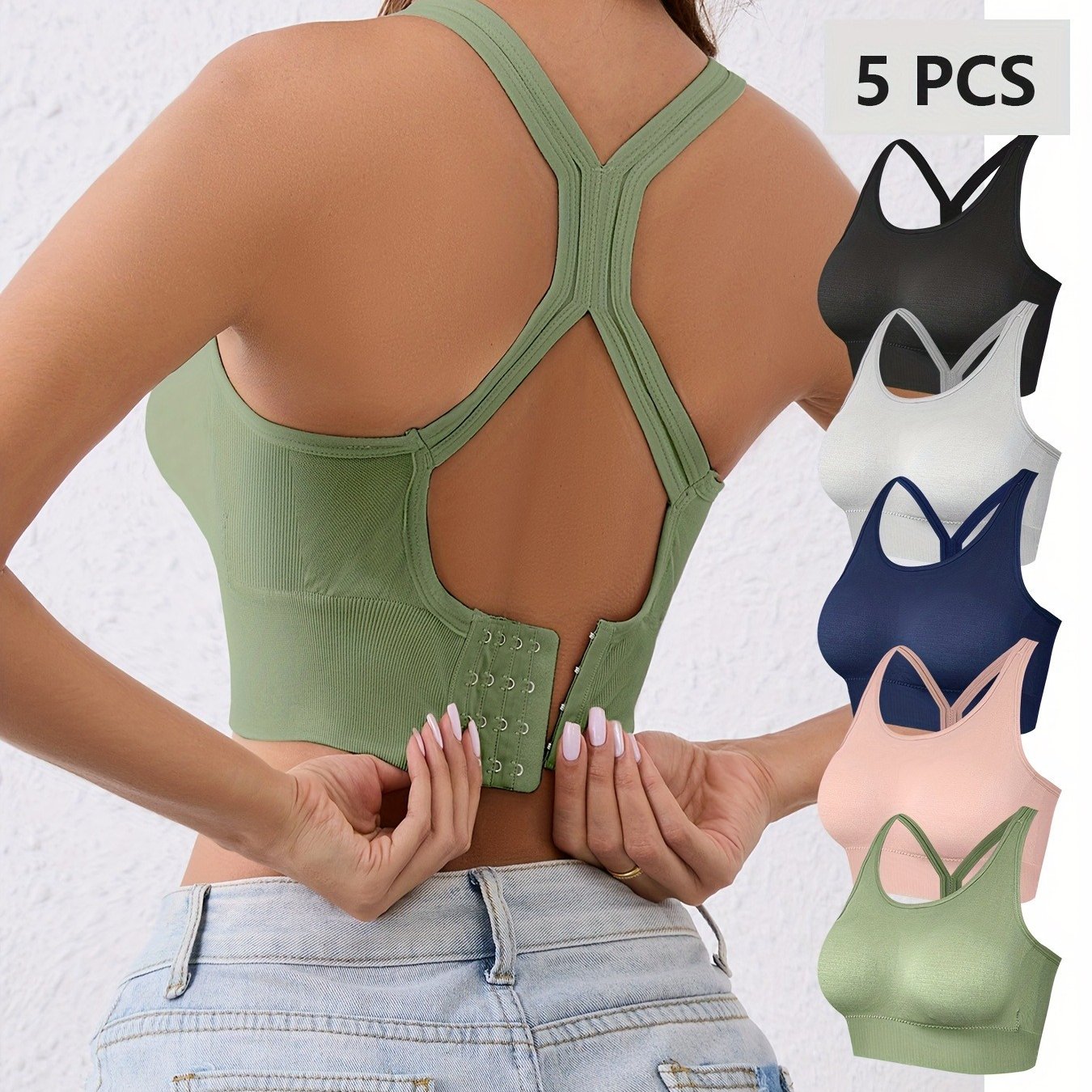 5pcs Women'S High-Support Wireless Sports Bra - Comfortable,with Removable Pads & Crisscross Back Design