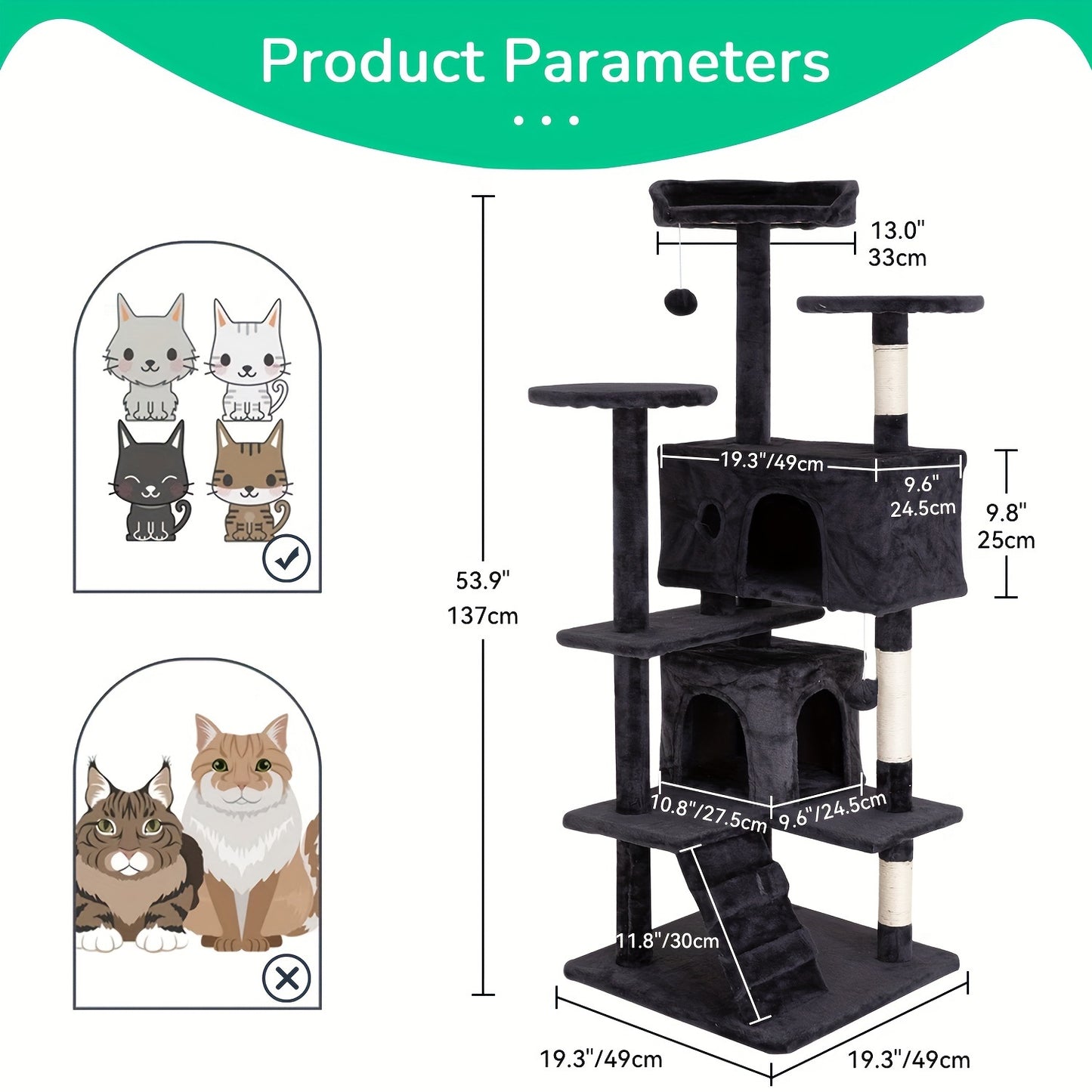 54"-70" Multi-Level Cat Tree Tower for Indoor Cats, Durable Plywood