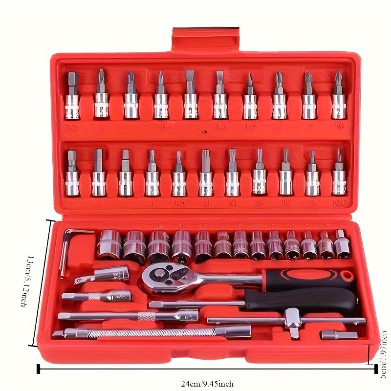 46pcs 1/4" Drive Ratchet Wrench Set With Drill Bit Set Metric And Extension Rods For Auto Repair And Home Use, Ideal For Car, Motorcycle, Bicycle Repair And Construction Use, Storage Case Included