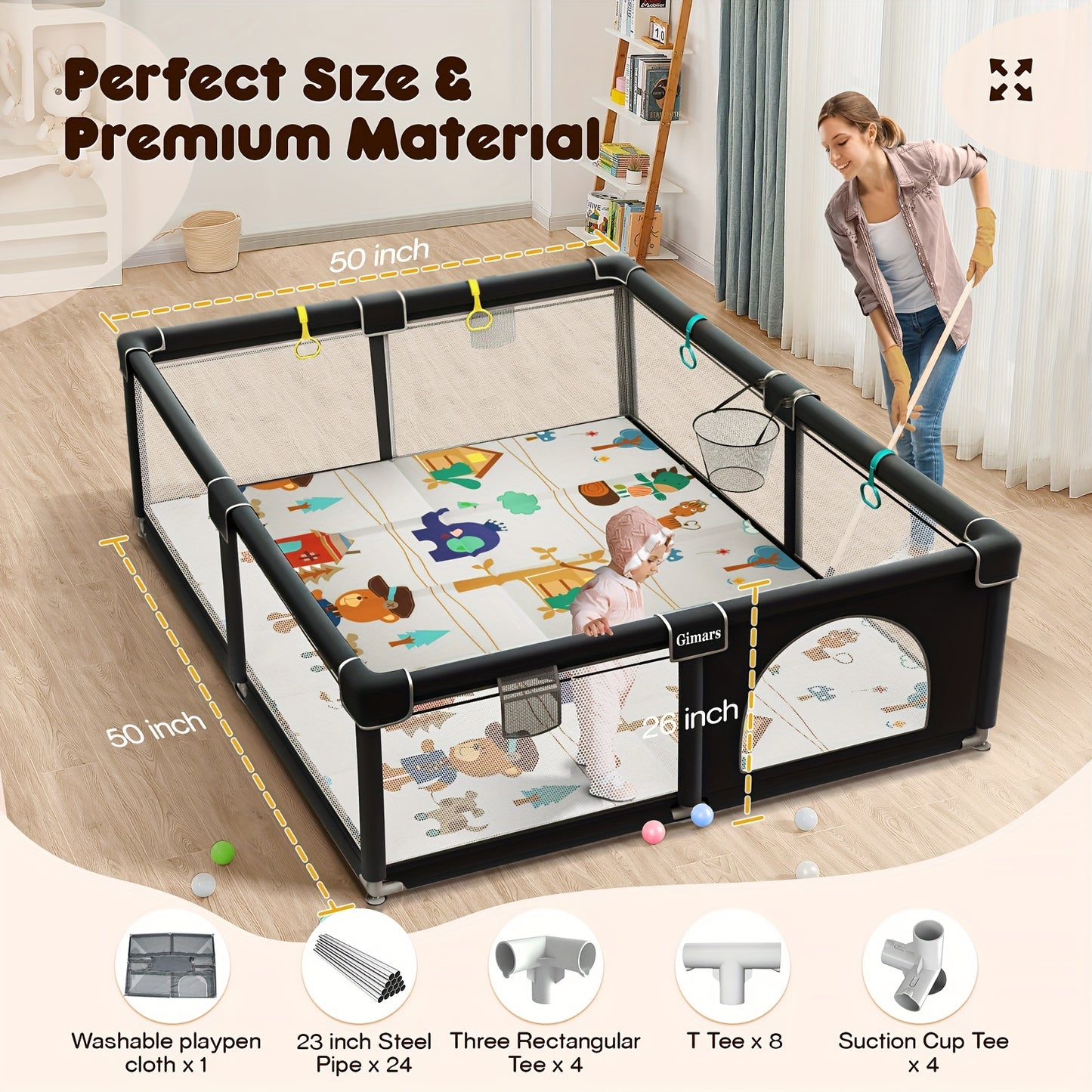 Youngsters Playpen, Large 50"x50" Fence with Padded Top Bar, Sturdy Safety Enclosure, Zippered Door for Outdoor Use, Black