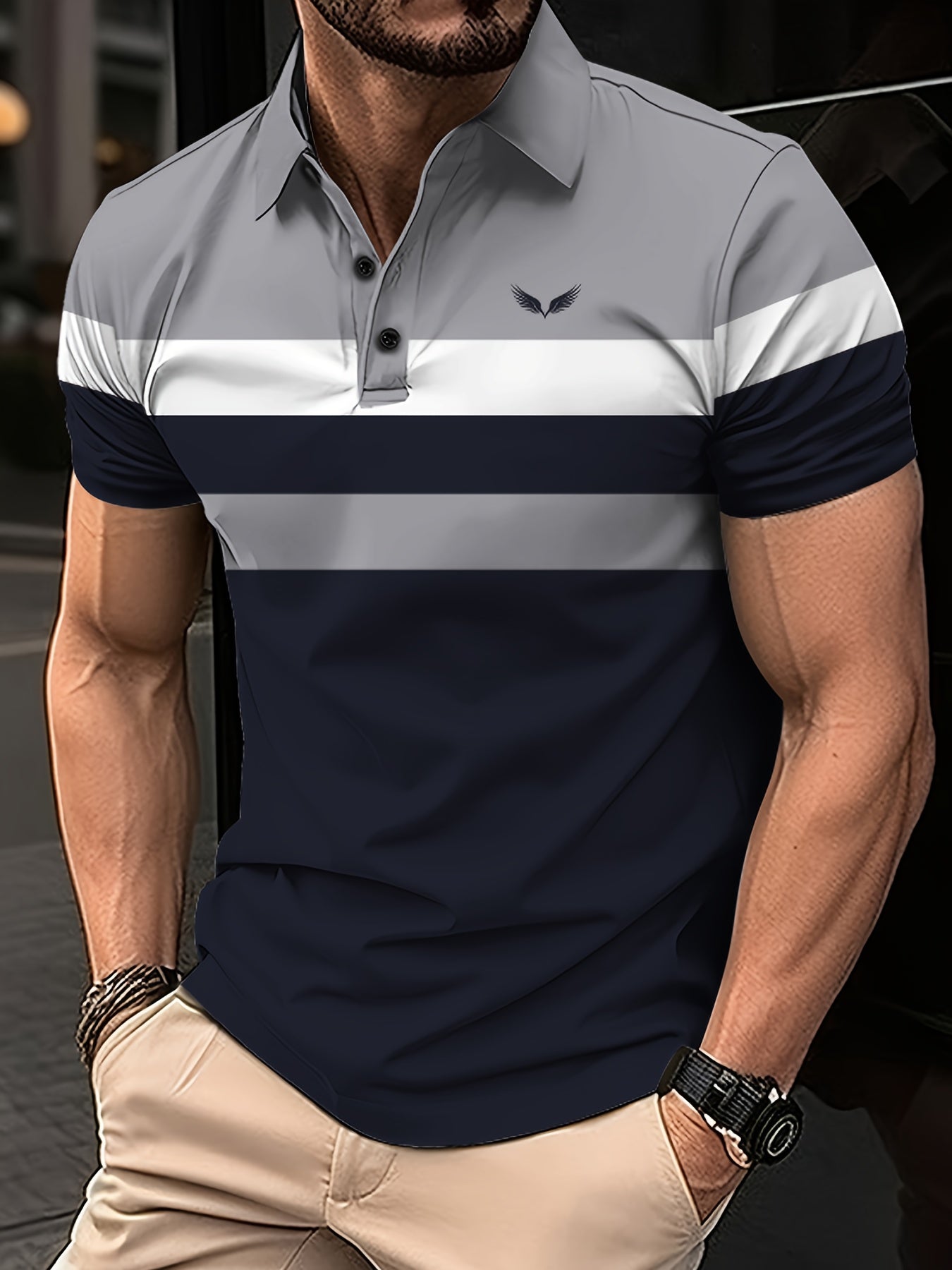 Men's Color Blocking Stripe Print Golf Shirt for Summer, Casual Stylish Short Sleeve Top As Gift