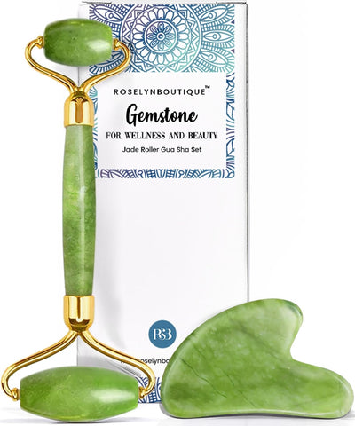 Roselyn Boutique Gua Sha Facial Tools and Jade Roller for Natural Skincare and Wrinkle Reduction (Green)