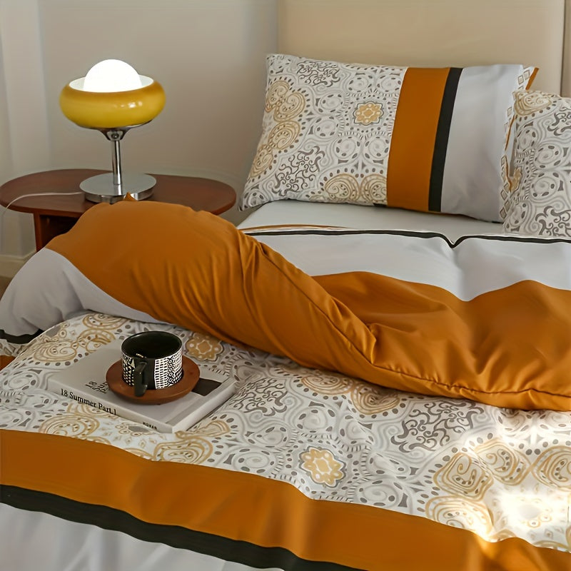 3pcs Soft & Cozy Duvet Cover Set - Orange & Gray Striped, Includes 1 Duvet Cover and 2 Pillowcases, Zip Closure, Machine Washable - Perfect for All Seasons