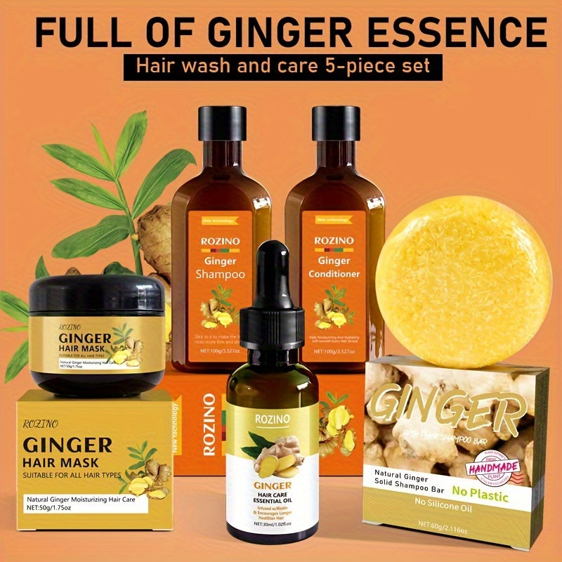 Ginger Hair Care Set, including shampoo, conditioner, shampoo soap, hair mask and essential oil, provides a comprehensive hair care solution,