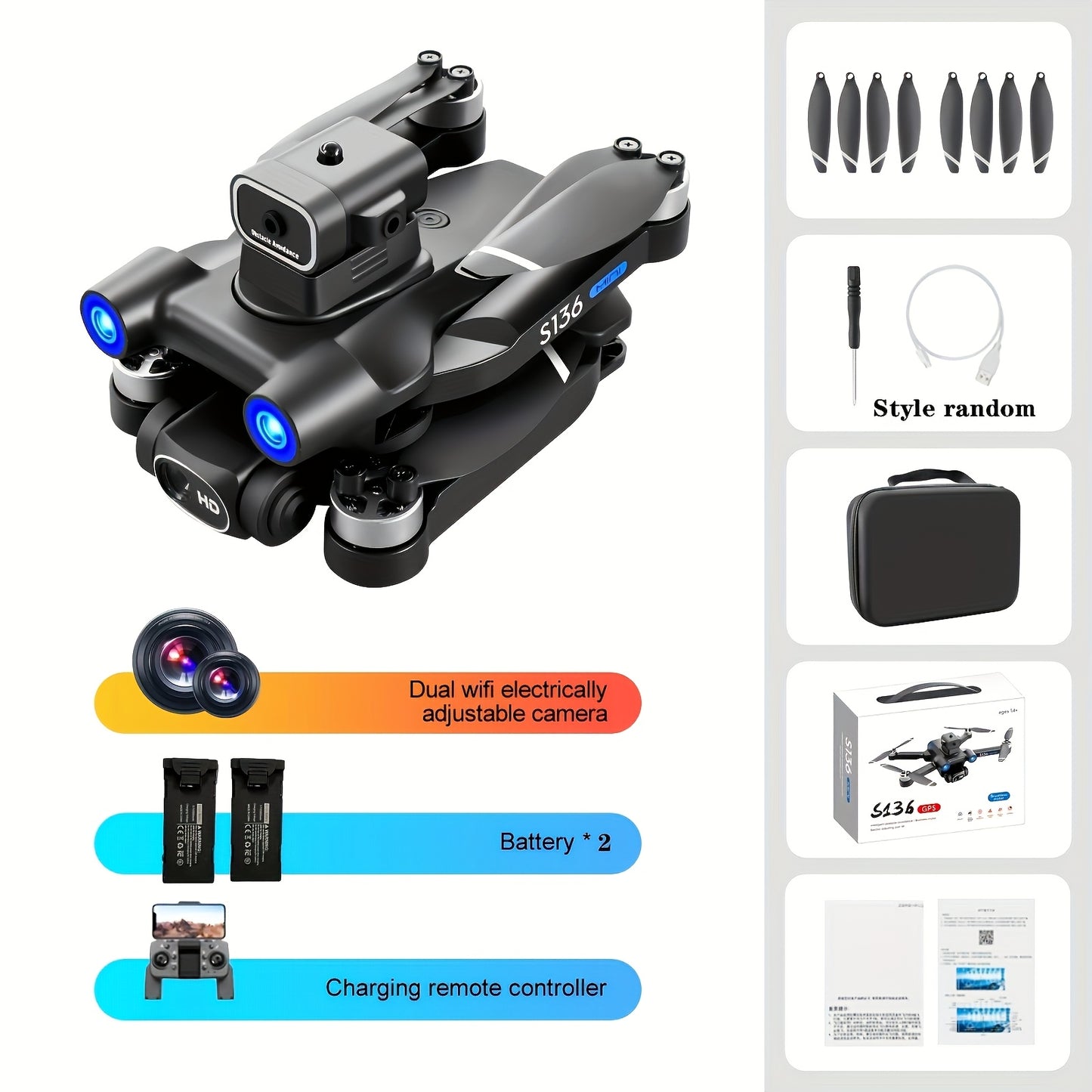 ProFlight S136 4K GPS Drone - Longest Flight Time, Optical Flow, 5G Transmission, Brushless Motors, Intelligent Follow Me, Auto Return Home, 2 Batteries, Handbag - Foldable FPV RC Quadcopter