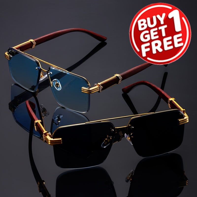 2pcs Vintage Rimless Fashion Glasses for Women, Classic Wooden Temple, Cool Concave Design