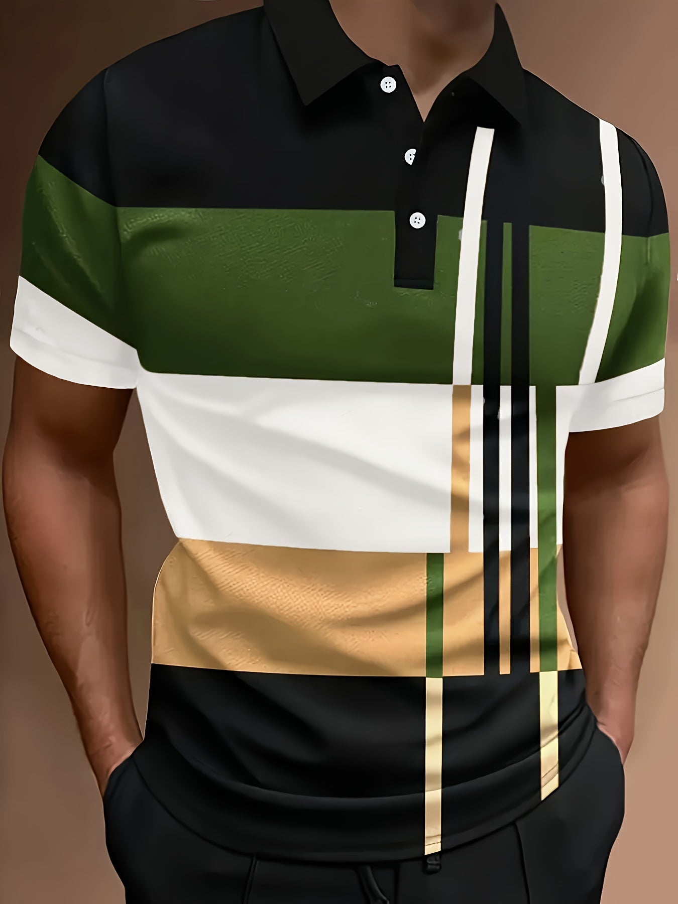 Men's Striped Color Block Shirt - Casual & Sporty, Perfect for Golf & Outdoor Activities, Breathable Polyester, Machine Washable