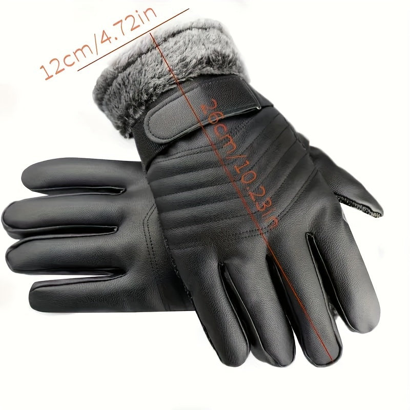 1 Pair Men'S Winter Gloves, for Snow, Skiing, Cycling, Black, Faux Leather, Unisex