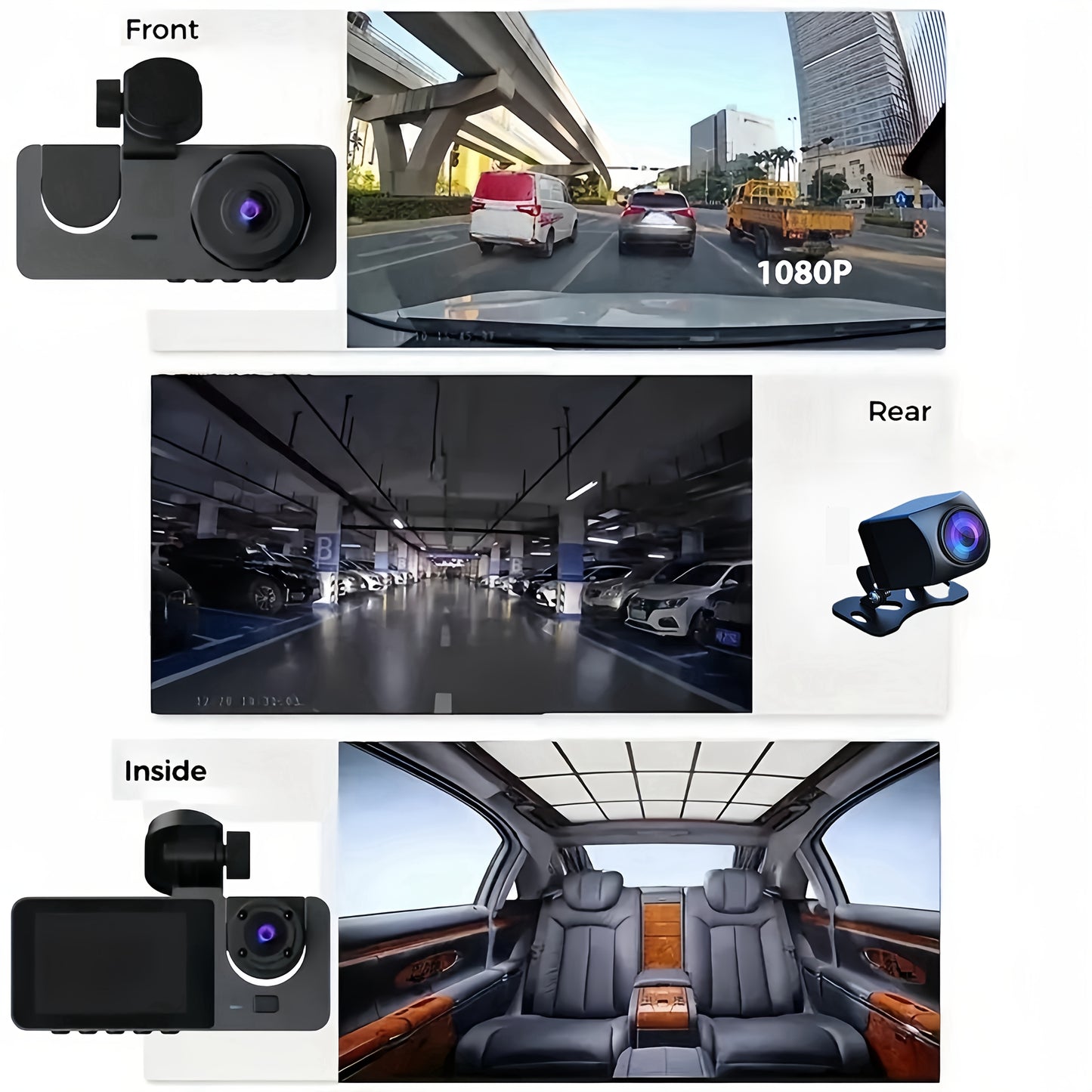 3-Channel Dash Cam, 1080P Full HD Car Camera Front Rear And Inside With Free 32GB SD Card, Dashcams For Cars With Night Vision, 24 Hours Parking Mode, WDR, G-Sensor, Motion Detection - Gift