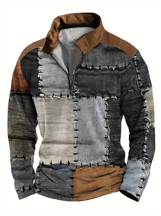 Men's Vintage-Inspired Color Block Long Sleeve Shirt with Zip Detail - Casual Polyester Pullover for Spring/Fall