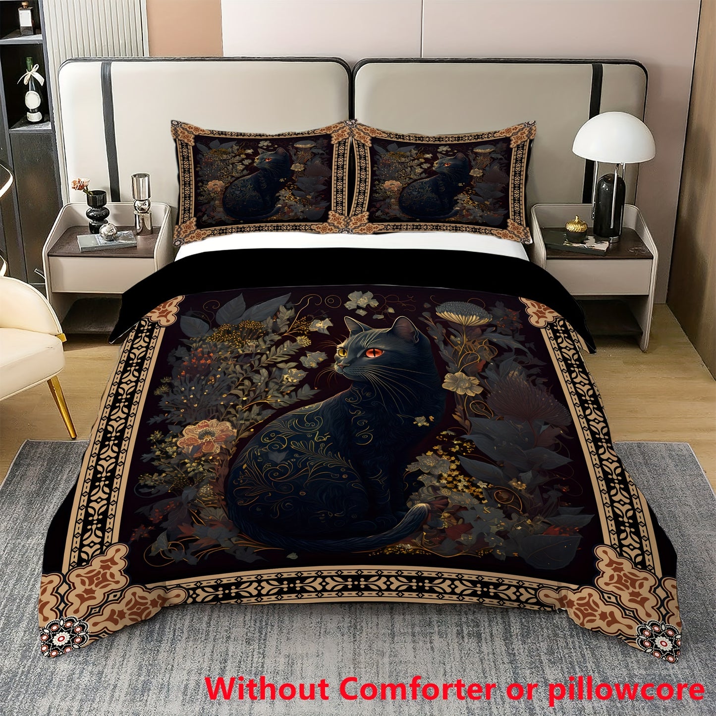 2/3pcs Bohemian Black Cat Print Duvet Cover Set (1 Duvet Cover + 1/，2 Pillowcase, Without Core), Soft Comfortable Bedding Set, for Bedroom,