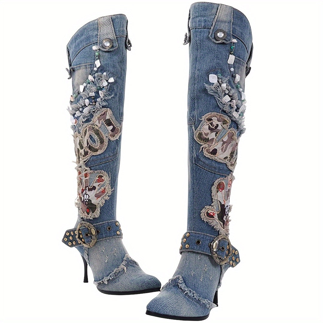 Knee High Women's Denim Boots with Rivet Punk Stiletto Heel and Pointed Toe