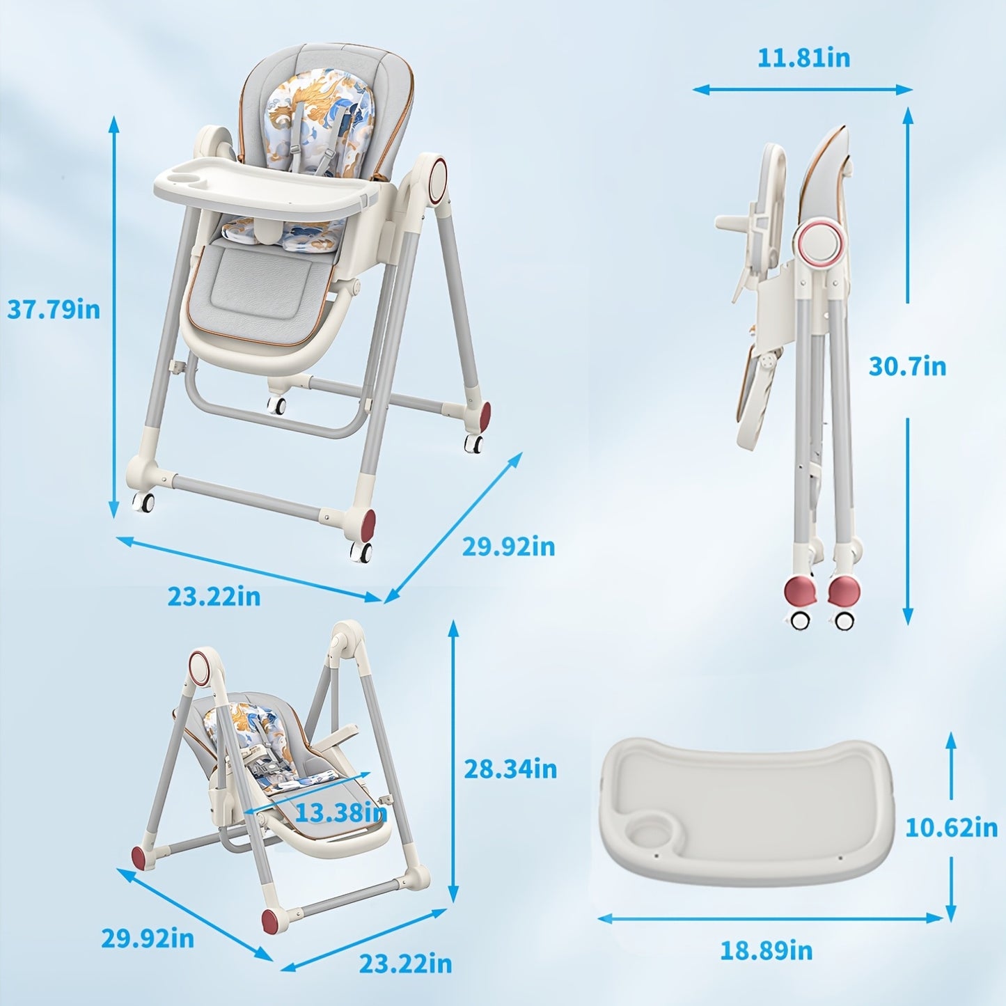 Youngsters High Chair with Wheels - 8 Height Levels, 6-Position Backrest, Foldable Design, 5-Point Harness, Dual Removable Trays - Gray Aluminum Alloy, Youngsters Chair