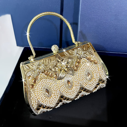 Elegant Golden Evening Clutch Bag with Rhinestone Embellishment, Geometric Pattern, Buckle Closure and Removable Strap for Women - , Perfect for Parties, Weddings, Proms, Banquets