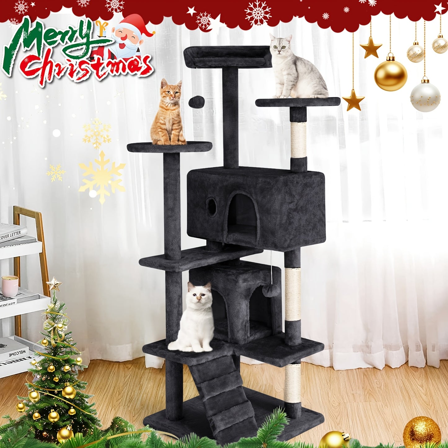 54"-70" Multi-Level Cat Tree Tower for Indoor Cats, Durable Plywood
