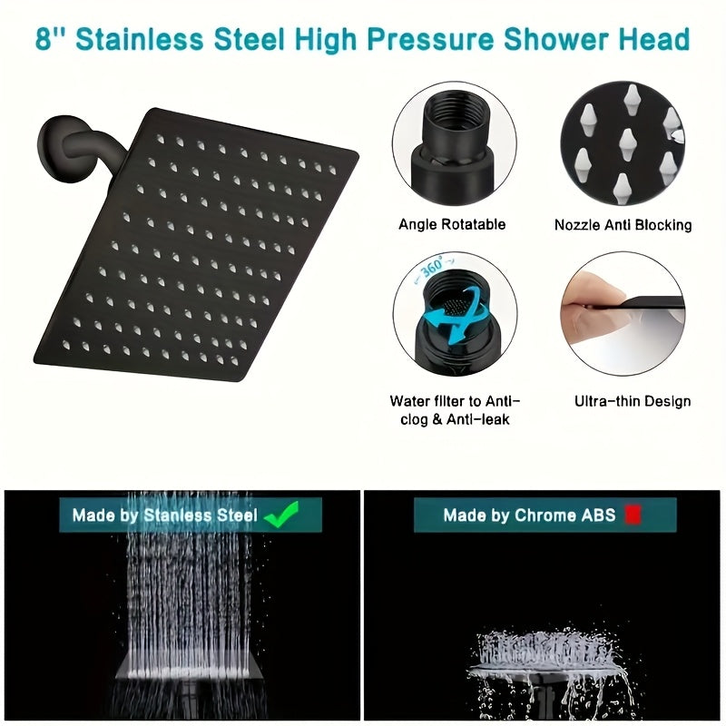 High-Pressure 8" Rainfall Shower Head Combo with Adjustable 11" Arm, 5-Setting Handheld Spray, Stainless Steel, Polished Finish - Includes Long Hose for Easy Installation