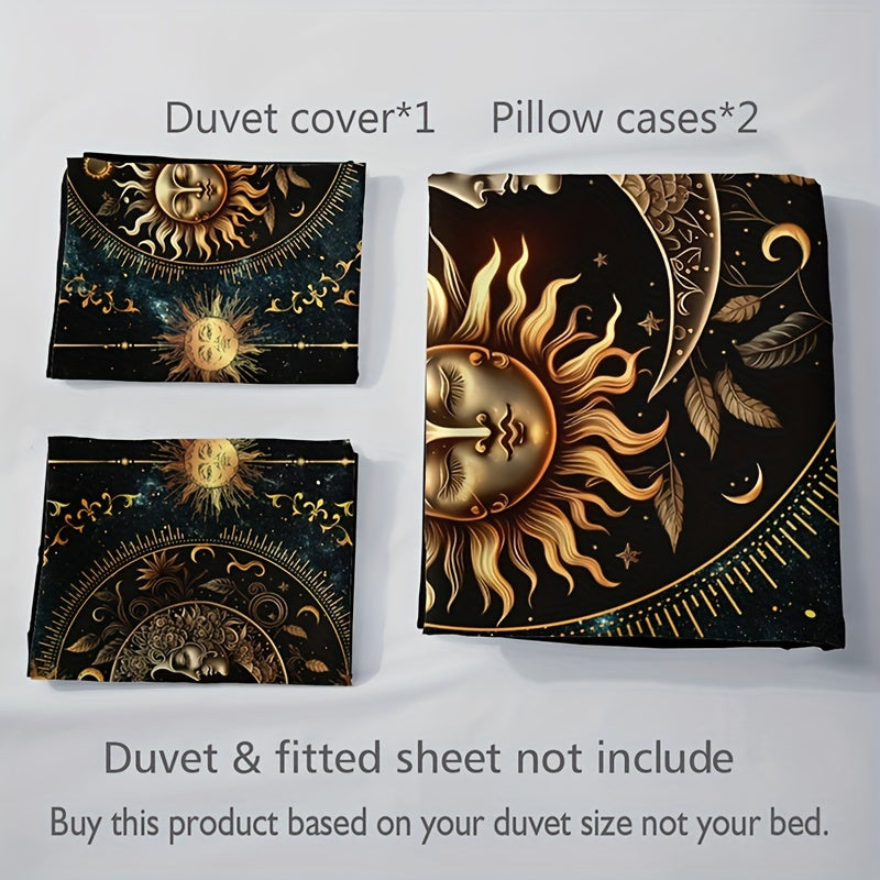 3pcs Golden Sun, Moon & Stars Bedding Set - Includes 1 Duvet Cover and 2 Pillowcases