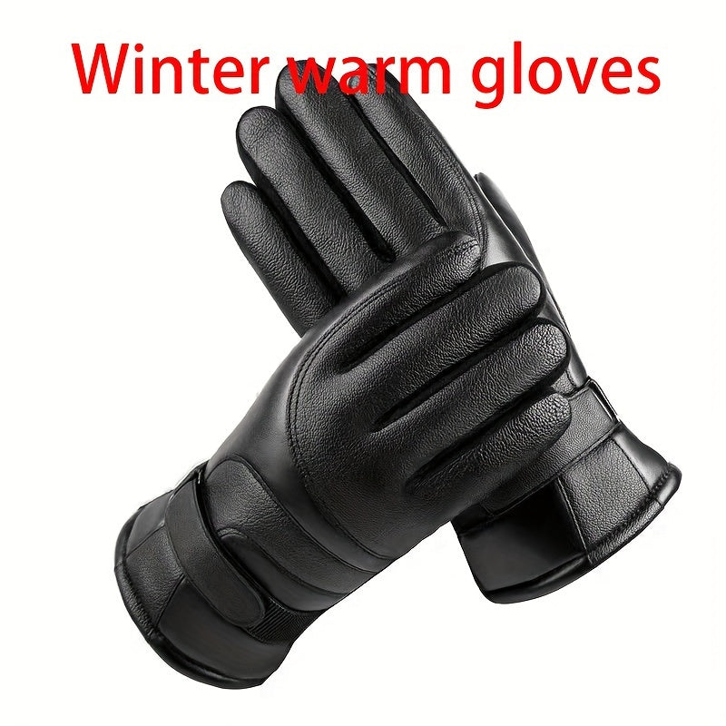 1 Pair Elegant Men'S Winter Gloves, PU Leather, 100% Polyester Fiber, black