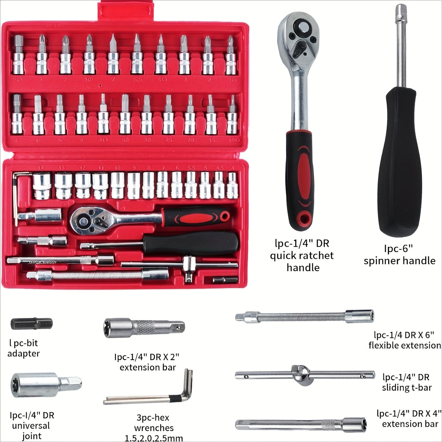 46pcs 1/4" Drive Ratchet Wrench Set With Drill Bit Set Metric And Extension Rods For Auto Repair And Home Use, Ideal For Car, Motorcycle, Bicycle Repair And Construction Use, Storage Case Included