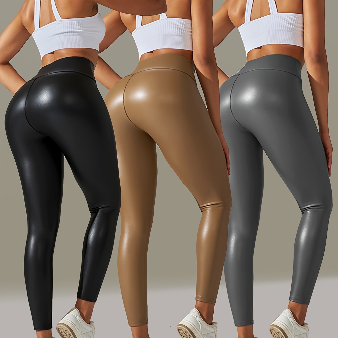 3pcs Of Big Size Faux Leather Pants Women'S Leggings High Waist Tight Sexy Color Yoga Pants Women