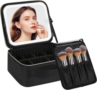 LED Makeup Bag with Illuminated Mirror, Travel Cosmetic Organizer for Women and Makeup Artists, Spacious Design with Adjustable Dividers and Brush Holder in Three Light Settings
