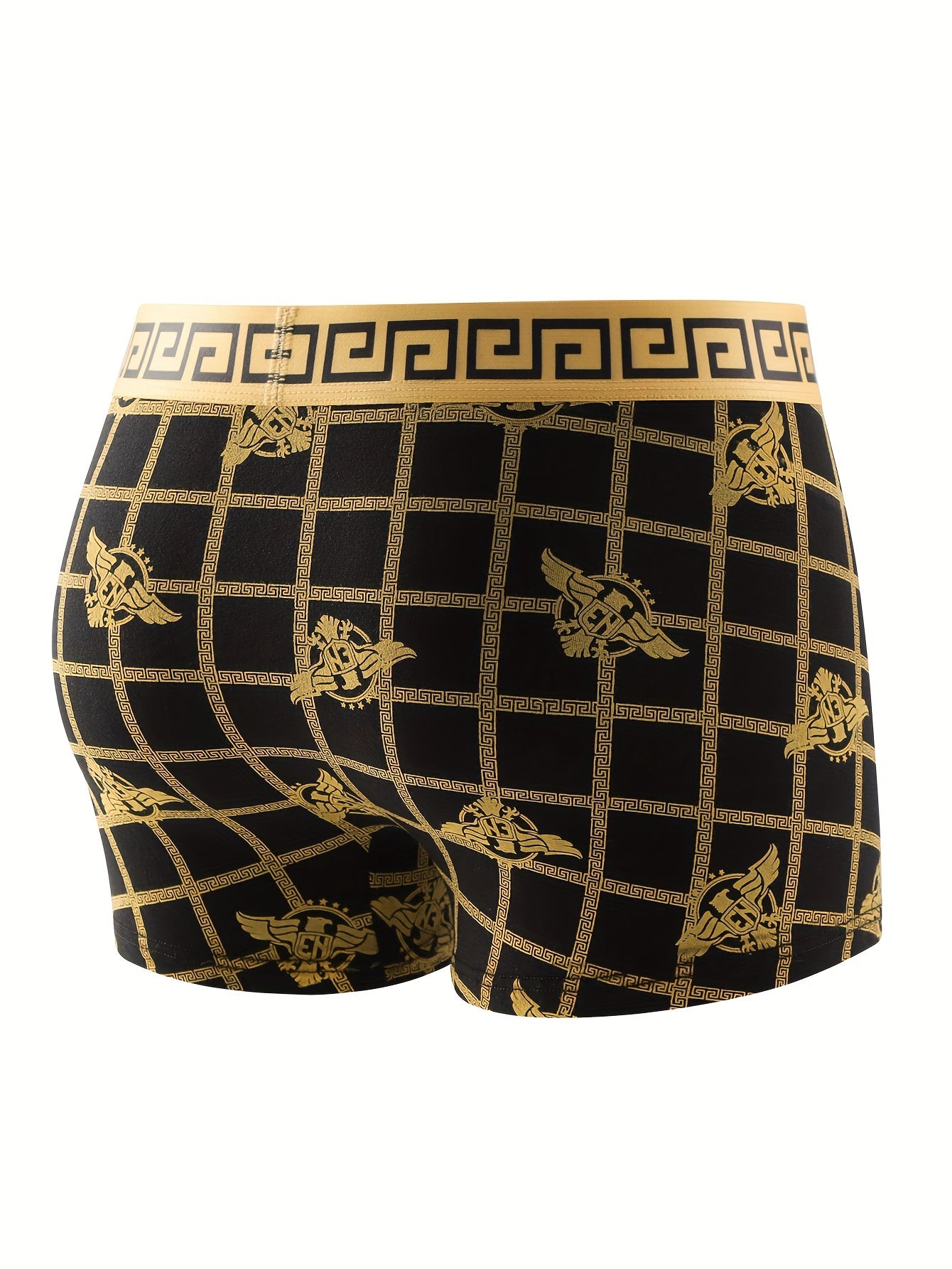 4-Pack Men'S Boxer Briefs, Soft Comfortable, Black and Golden Print, Polyester 92% Spandex 8%, High Stretch Knit Fabric, 125gsm, Daily & Casual Wear