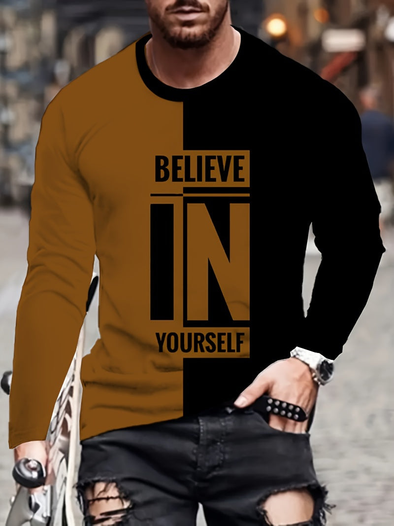 Men's Long Sleeve Crew Neck T-Shirt - 100% Polyester Casual Pullover with Graphic Print, Slight Stretch Fabric for Daily & Sports Wear, Comfortable Knit Tops for Adults and Teens in Spring/Summer/Fall