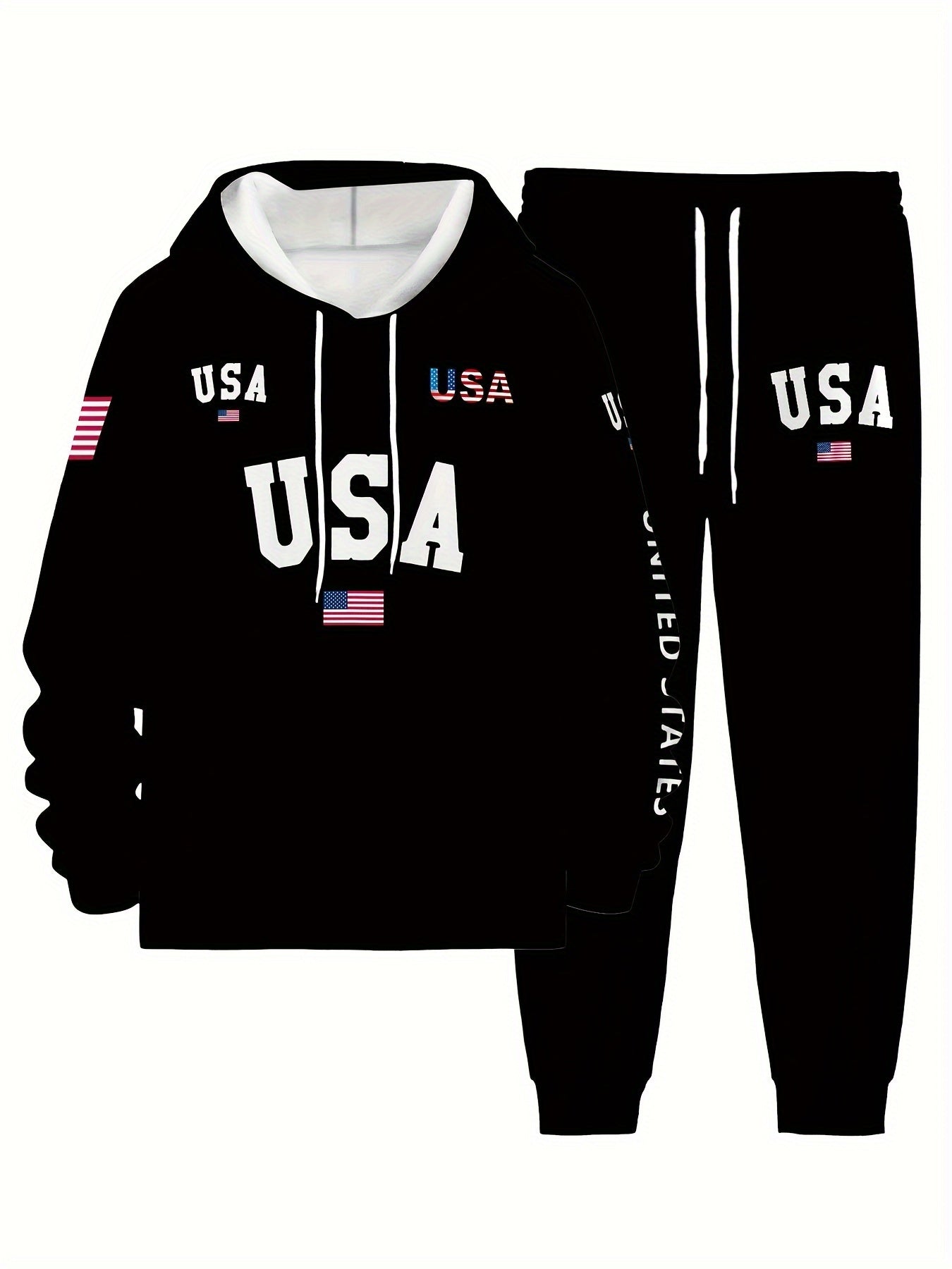 USA Letter Print Casual Hooded Sweatsuit Set for Men - 100% Polyester Long Sleeve Hoodie and Drawstring Joggers with Slight Stretch - Spring/Fall Outdoor Leisure Tracksuit