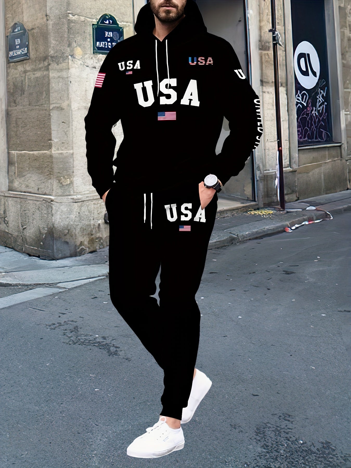 USA Letter Print Casual Hooded Sweatsuit Set for Men - 100% Polyester Long Sleeve Hoodie and Drawstring Joggers with Slight Stretch - Spring/Fall Outdoor Leisure Tracksuit