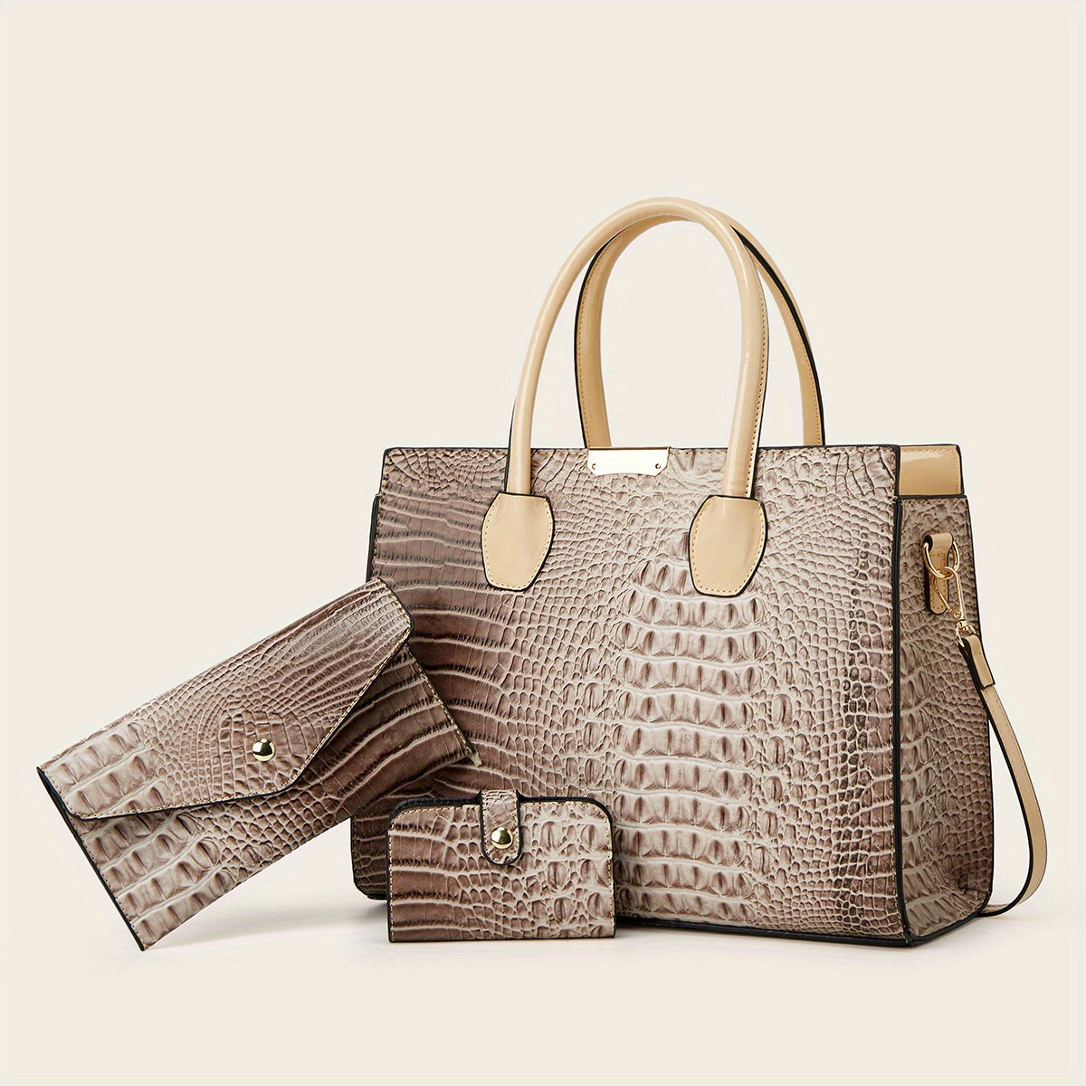 3pcs Stylish Tote Bag Set - Premium PU Leather Textured Shoulder Bags with Card Holder,