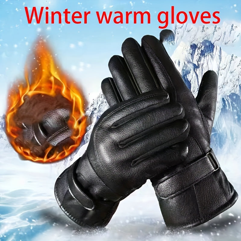 1 Pair Elegant Men'S Winter Gloves, PU Leather, 100% Polyester Fiber, black