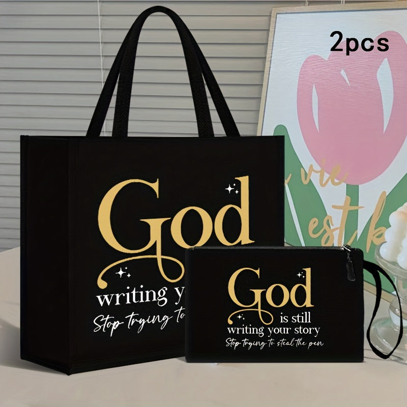 Chic 2pcs Set: Large Capacity Linen Tote & Matching Makeup Bag - Fashionable GOD Theme Print, Versatile for Work or School