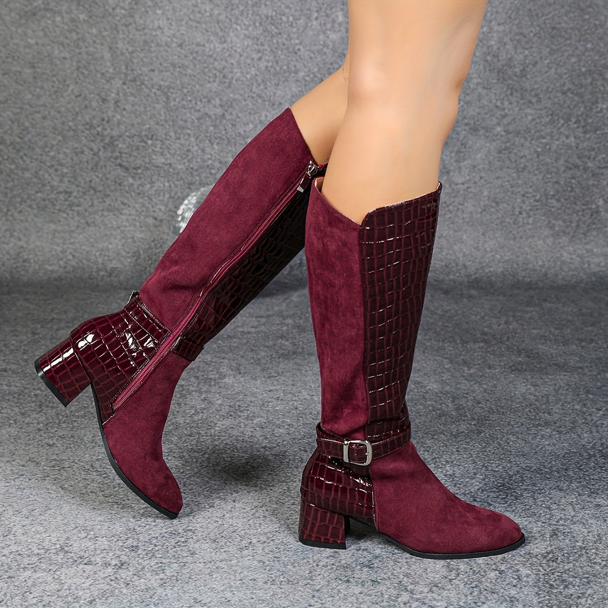 Wine Red Mid Heeled Boots - Knee High Boots with Side Zippers - Winter Plush Knight Boots