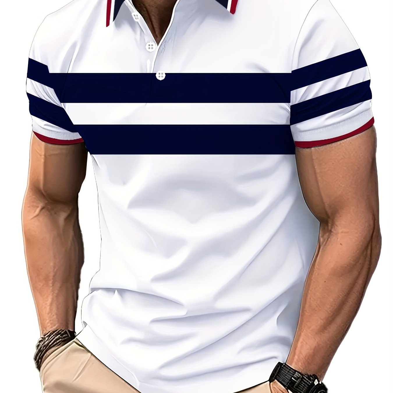 1pc Men'S Summer Casual Polo Shirt - Striped Short Sleeve - 100% Polyester