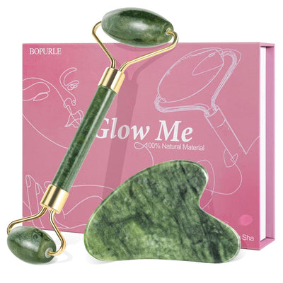 Gua Sha and Jade Roller Facial Tools Set for Anti-Aging, Lifting, and Skin Care - Upgraded Face Massager for Puffiness (Green)