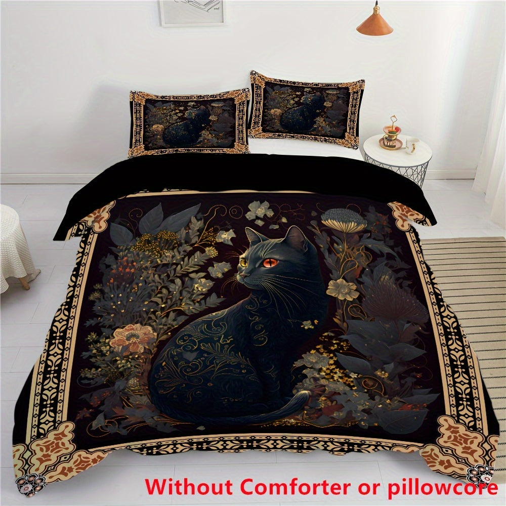 2/3pcs Bohemian Black Cat Print Duvet Cover Set (1 Duvet Cover + 1/，2 Pillowcase, Without Core), Soft Comfortable Bedding Set, for Bedroom,